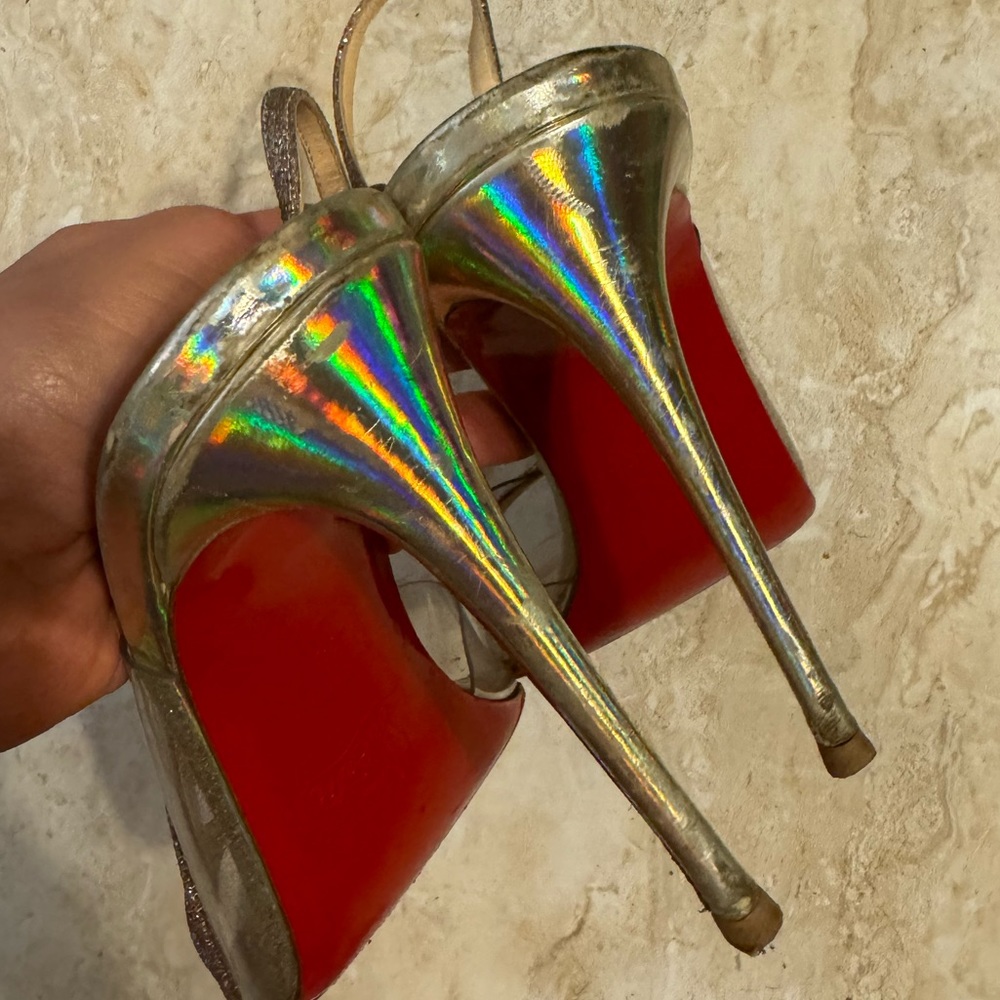 CHRISTIAN LOUBOUTIN Optisling 100mm Glitter Slingback Open Toe Heels 39 - Picture 6 of 9
